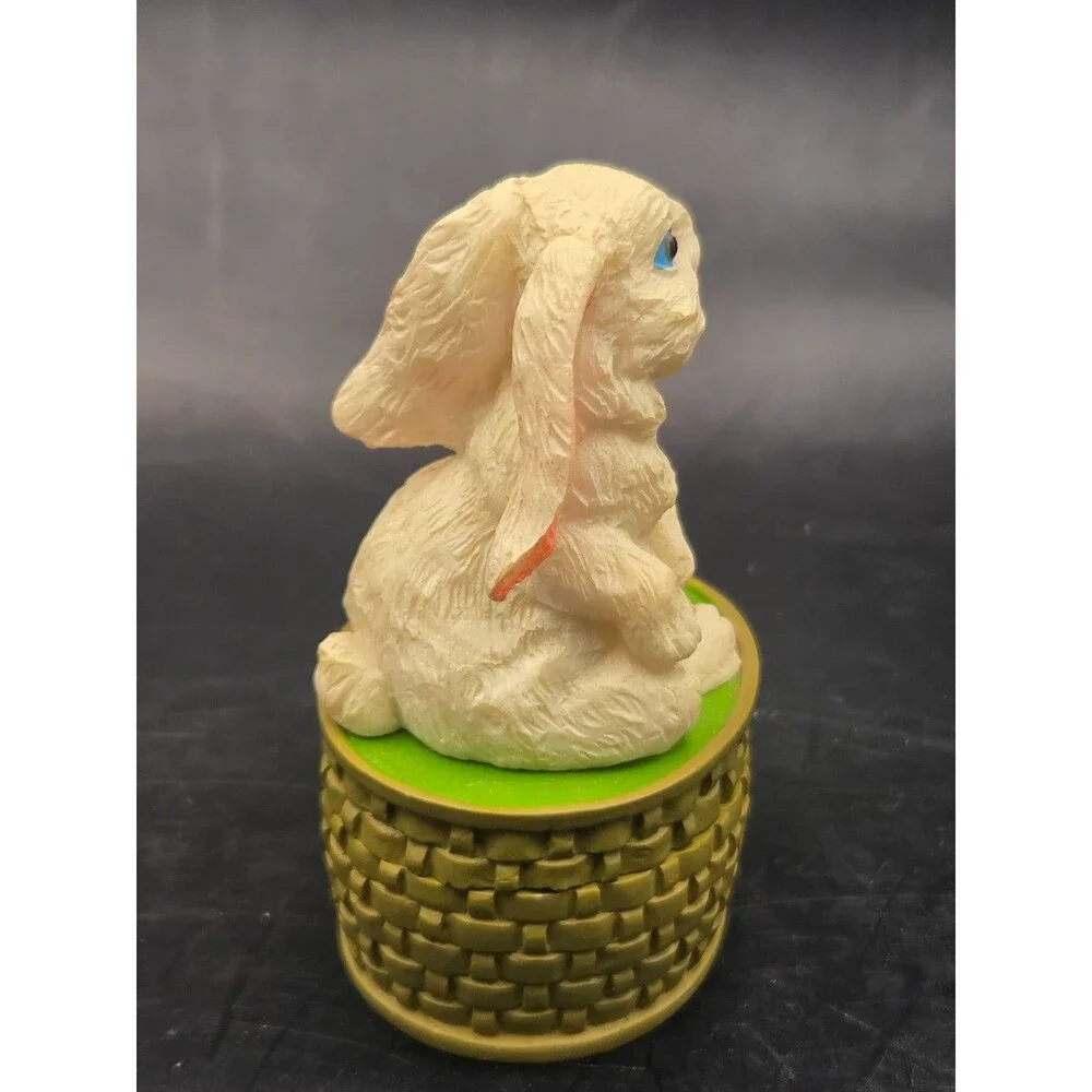 Vintage Bunny Rabbit On Top of a Basket Trinket Box Figurine White Rabbit